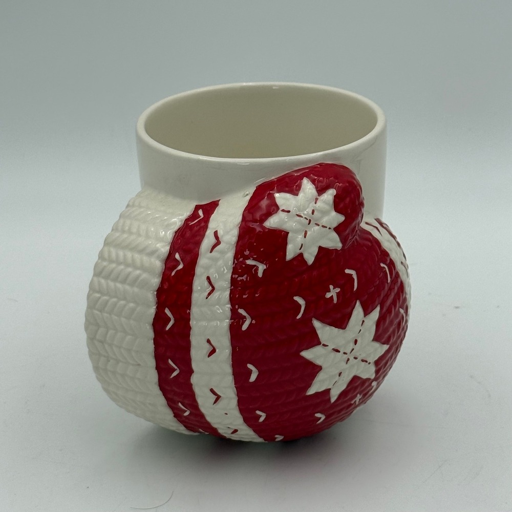 Hallmark Red White Mitten Hand Warmer Mug Ceramic Snowflake Cable Knit Christmas